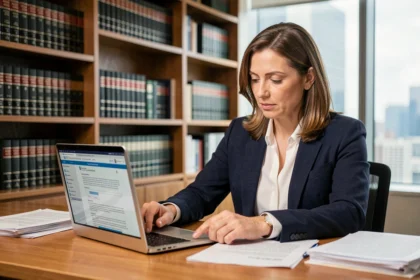 Abogada revisando documentos legales para la creación de una empresa en España en un despacho profesional