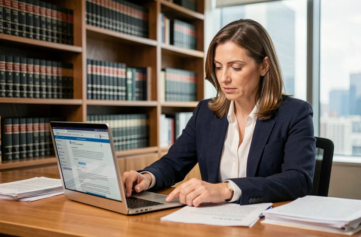 Abogada revisando documentos legales para la creación de una empresa en España en un despacho profesional