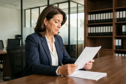Abogada laboral revisando documentos sobre los cambios en la legislación laboral española en una oficina moderna de Madrid