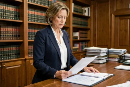 Abogada revisando documentos administrativos oficiales en un despacho jurídico para analizar la anulación de un acto administrativo