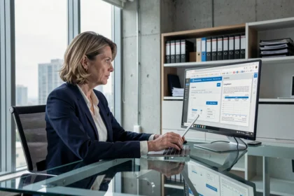 Abogada corporativa revisando documentos legales digitales en pantalla táctil en una oficina moderna, concepto de digitalización empresarial y cumplimiento normativo