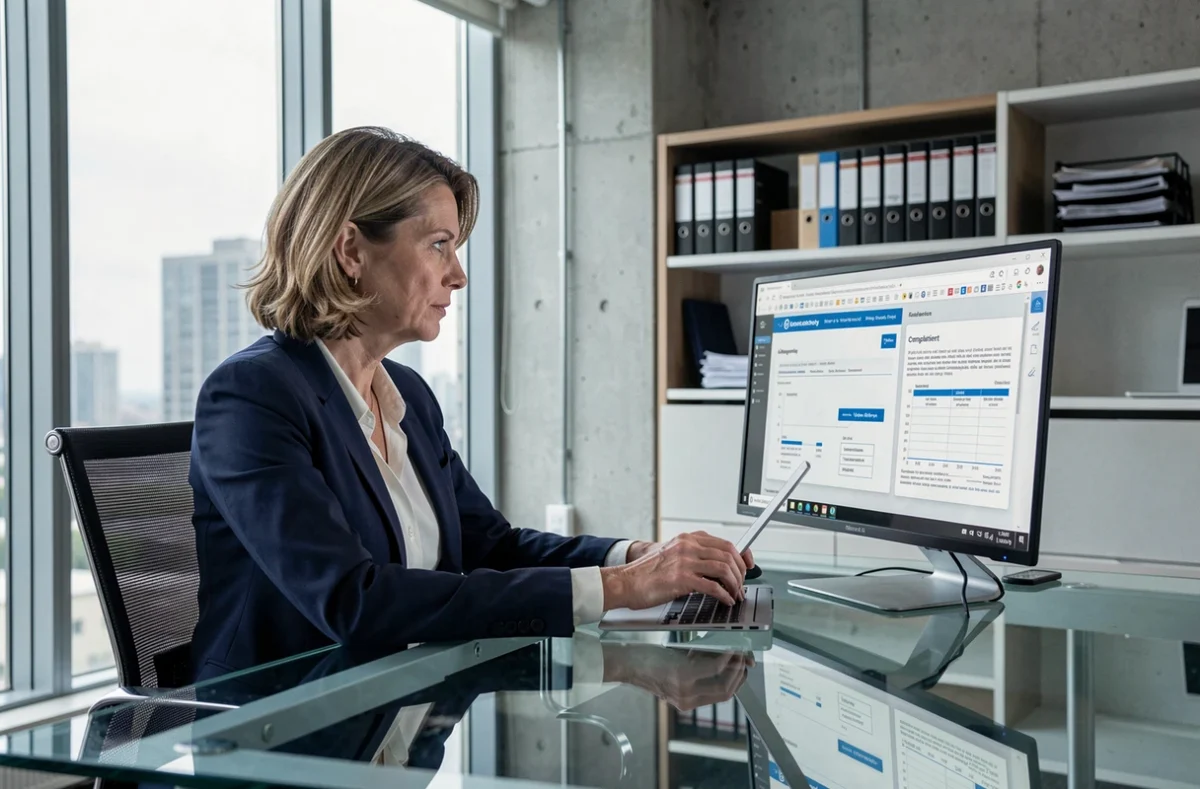 Abogada corporativa revisando documentos legales digitales en pantalla táctil en una oficina moderna, concepto de digitalización empresarial y cumplimiento normativo