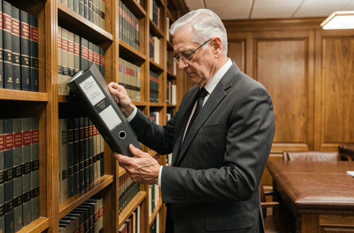 Abogado senior buscando órdenes ministeriales en los archivos de una biblioteca jurídica