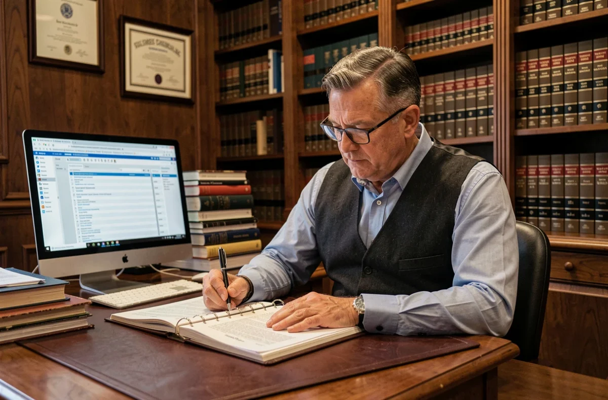 Abogado especialista en publicidad ilegal anotando normativa en un despacho jurídico con estanterías de libros