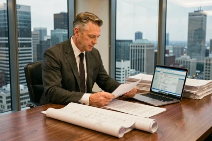 Abogado de patentes revisando documentos de propiedad intelectual en una oficina moderna con vistas a la ciudad