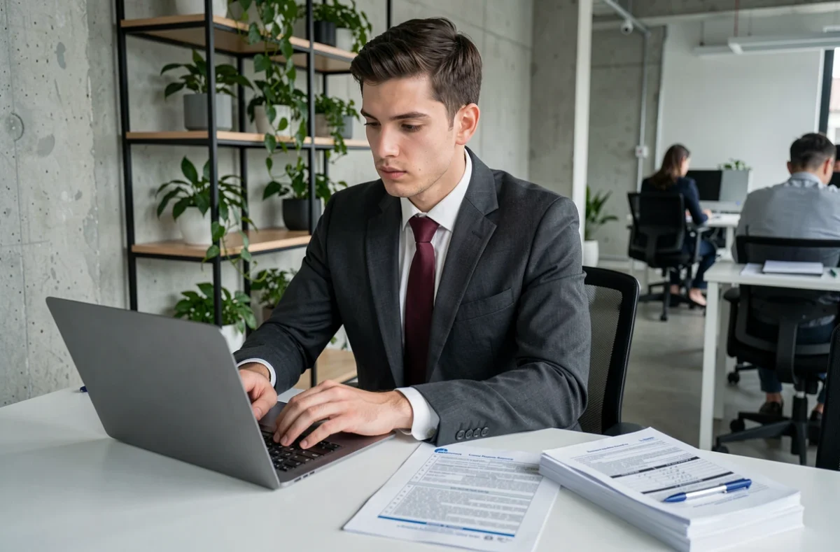 Abogado joven revisando requisitos legales para la constitución de una sociedad limitada en un espacio de trabajo moderno