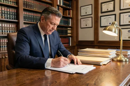 Abogado revisando y anotando un contrato mercantil en un despacho profesional con estanterías de libros jurídicos