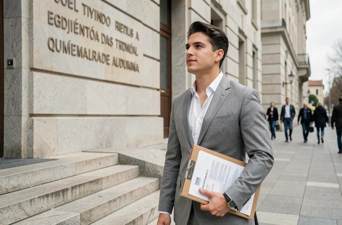 Abogado joven frente a un tribunal administrativo español sosteniendo documentos legales relacionados con la anulación de actos administrativos