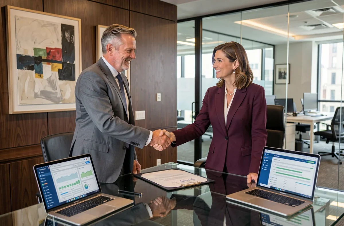Dos directivos firmando un acuerdo de colaboración en el marco de una estrategia de marketing B2B empresarial
