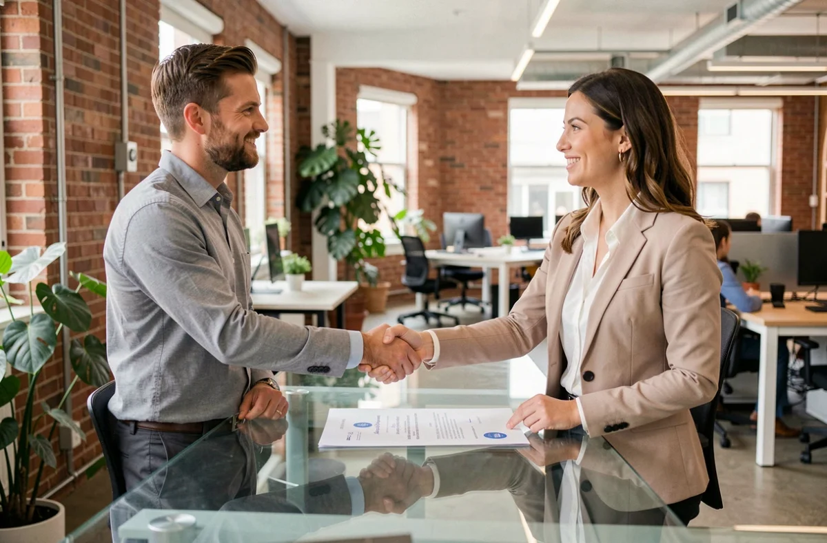 Acuerdo de licencia de propiedad intelectual firmado entre dos profesionales en oficina de startup