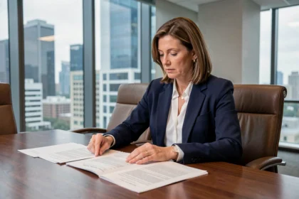 Administradora de empresa revisando documentos legales en sala de juntas corporativa moderna