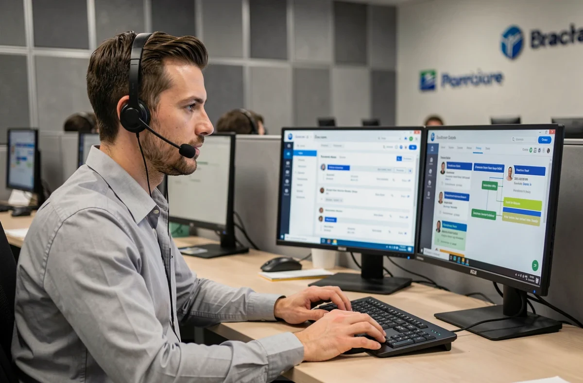 Agente de atención al cliente utilizando un software CRM en su puesto de trabajo