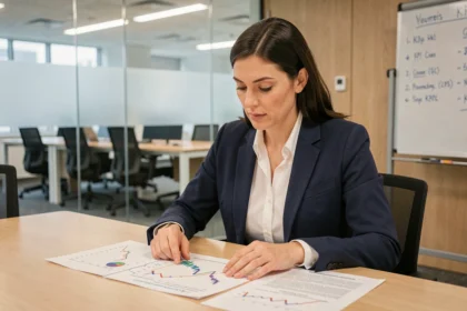 Profesional analizando gráficos de crecimiento empresarial en una sala de reuniones moderna