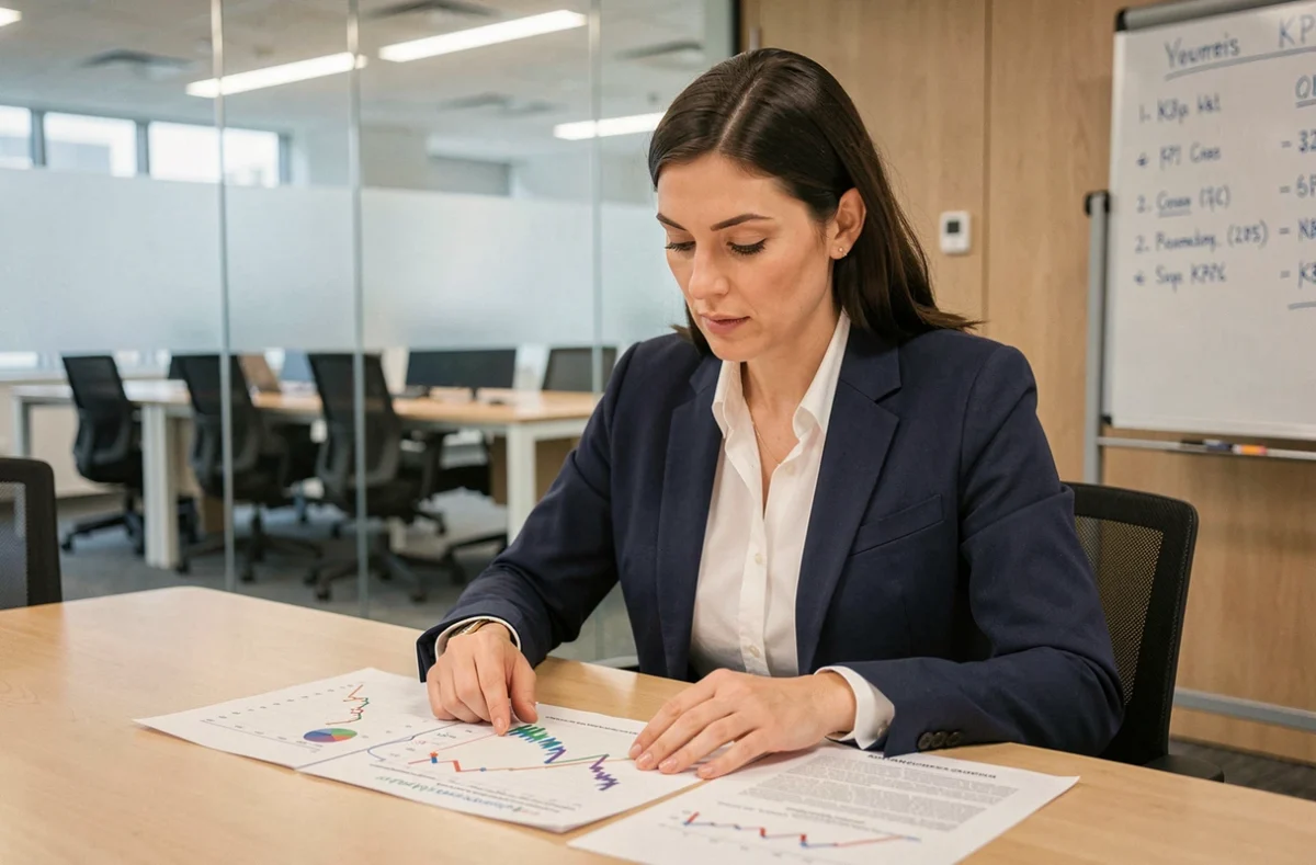 Profesional analizando gráficos de crecimiento empresarial en una sala de reuniones moderna