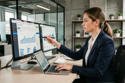 Profesional analizando métricas de rentabilidad de una campaña de marketing digital en monitores de ordenador en una oficina moderna