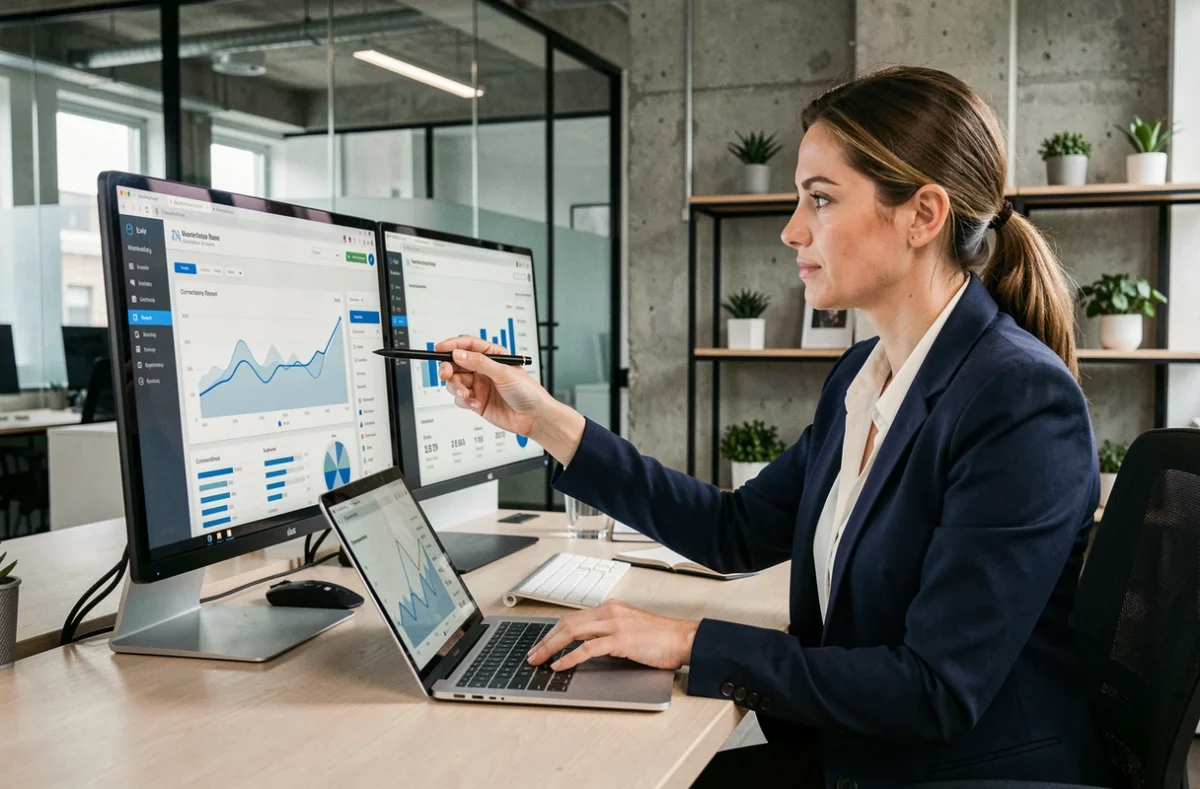 Profesional analizando métricas de rentabilidad de una campaña de marketing digital en monitores de ordenador en una oficina moderna