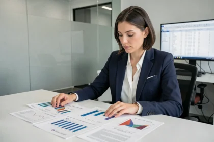 Profesional analizando informes de retorno de inversión en campañas publicitarias sobre su escritorio de oficina