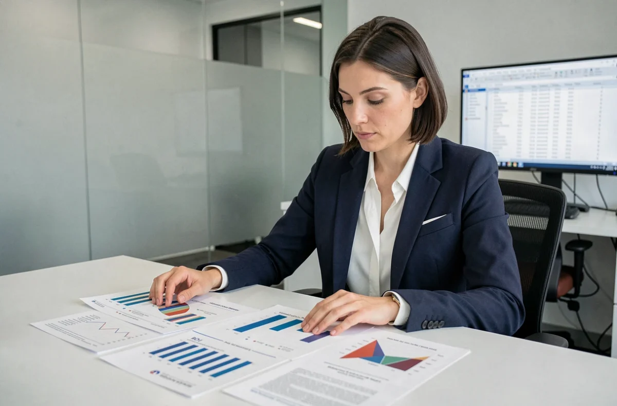 Profesional analizando informes de retorno de inversión en campañas publicitarias sobre su escritorio de oficina