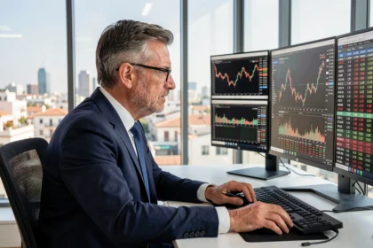 Analista financiero estudiando gráficos del IBEX 35 en pantallas de trading en una oficina de Madrid