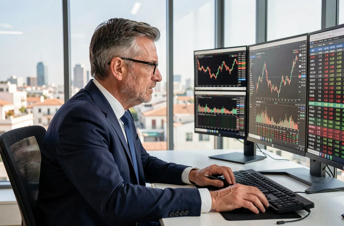 Analista financiero estudiando gráficos del IBEX 35 en pantallas de trading en una oficina de Madrid