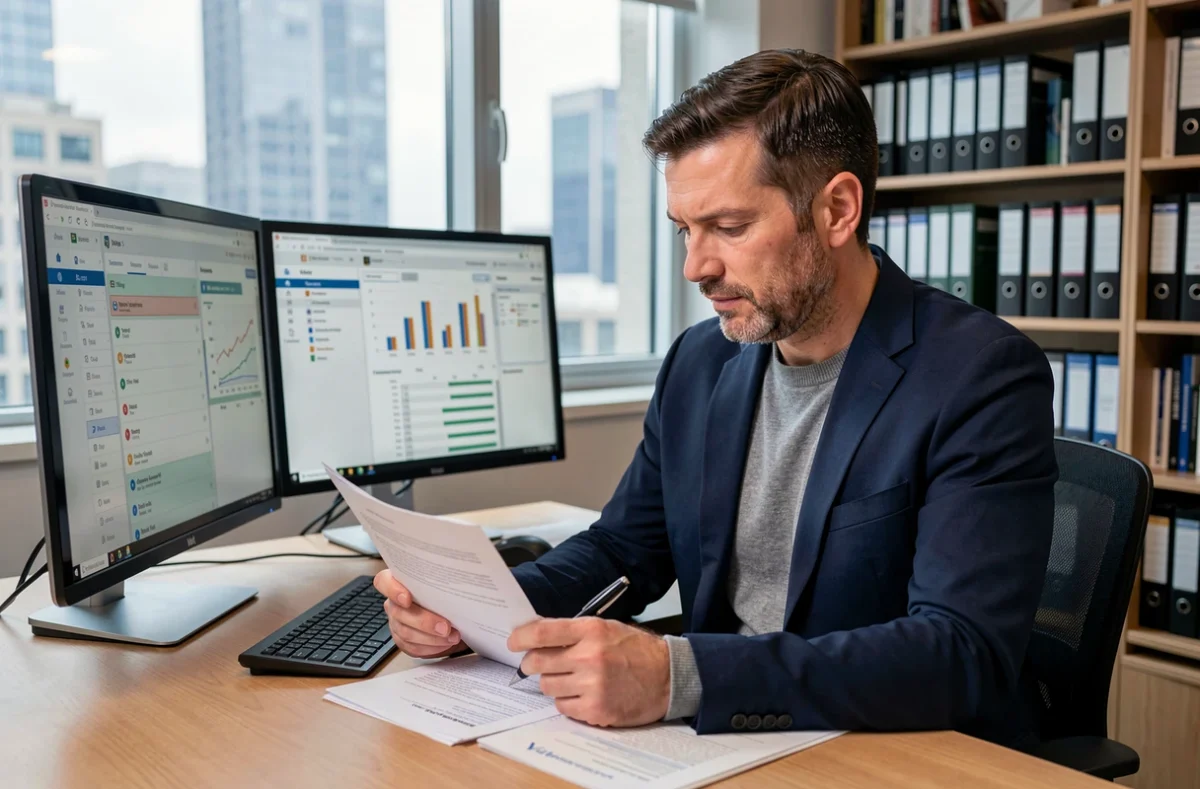 Profesional masculino analizando documentos y dashboards de gestión de proyectos en su oficina privada