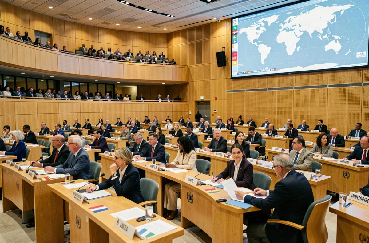 Asamblea internacional de delegados de diversas nacionalidades en un salón de la ONU debatiendo sobre el orden mundial y la geopolítica global