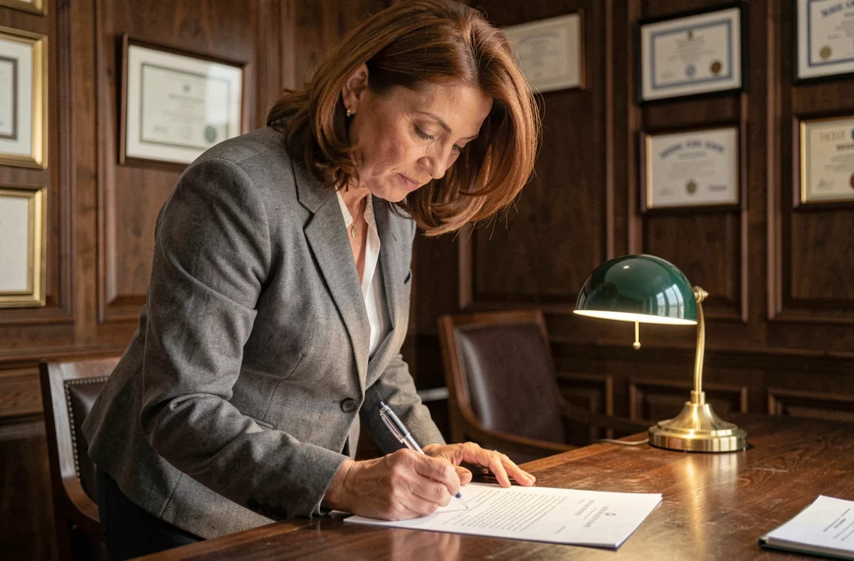 Autónoma firmando un documento oficial en una notaría con aspecto profesional y legal