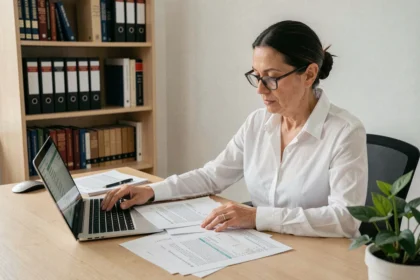 Autónoma española revisando documentos legales y formularios fiscales en su oficina en casa