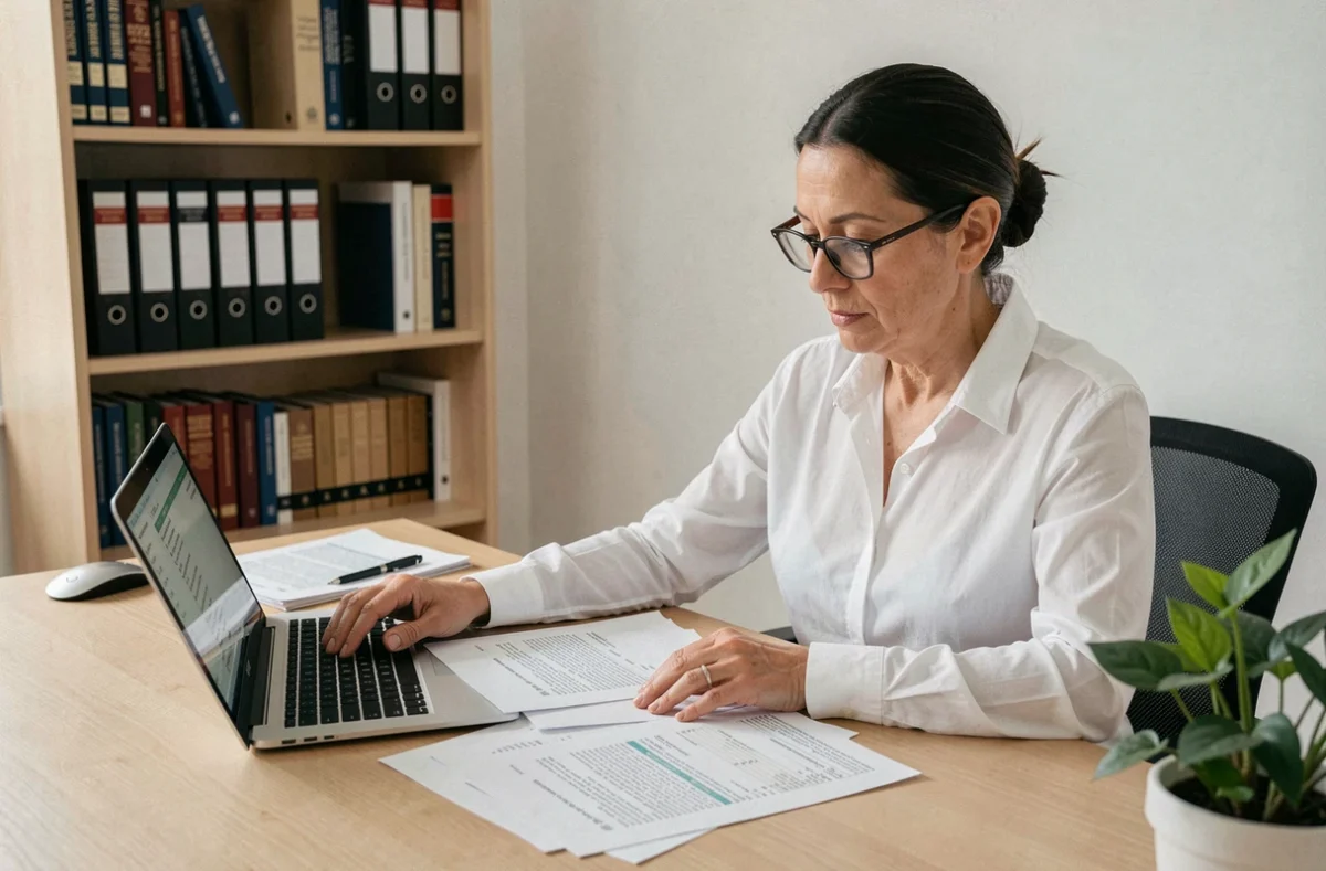 Autónoma española revisando documentos legales y formularios fiscales en su oficina en casa