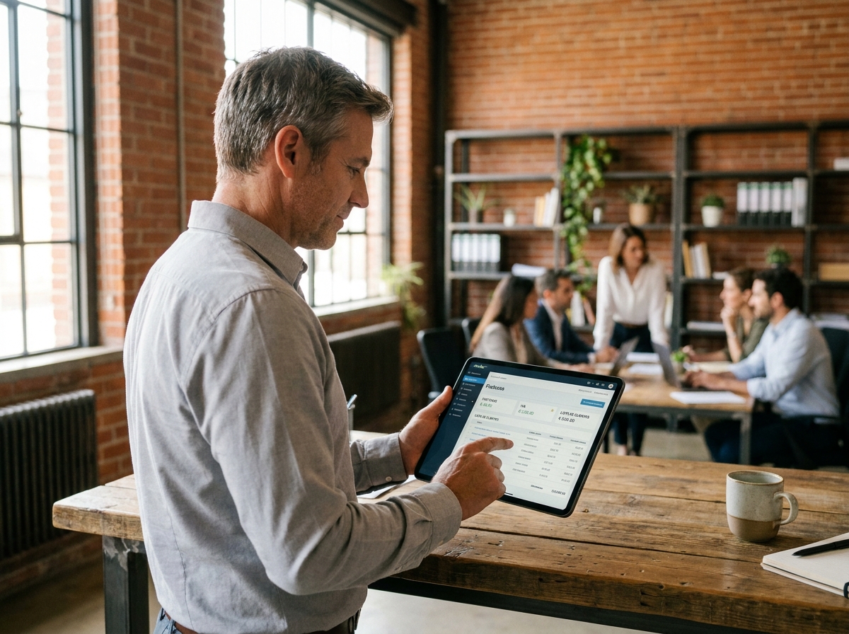 Autónomo utilizando una aplicación de facturación en tablet en un espacio de coworking en España