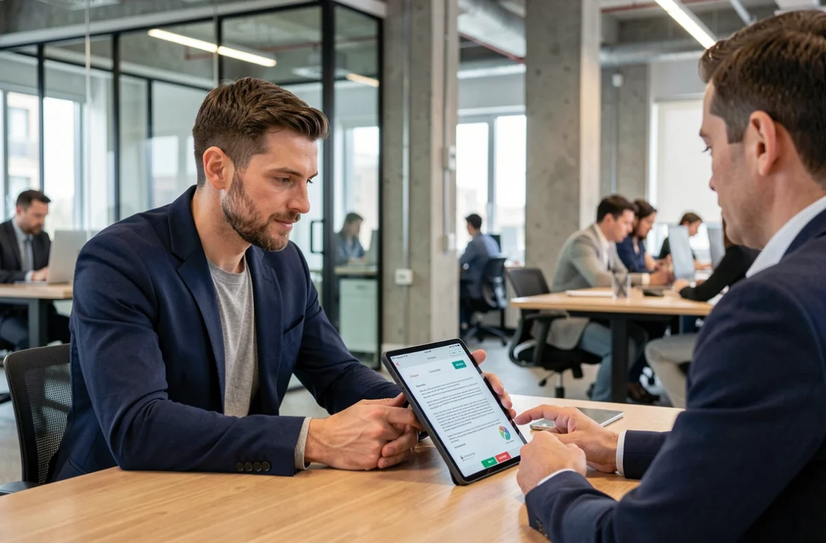 Autónomo consultando un contrato legal con un asesor en un espacio de coworking moderno