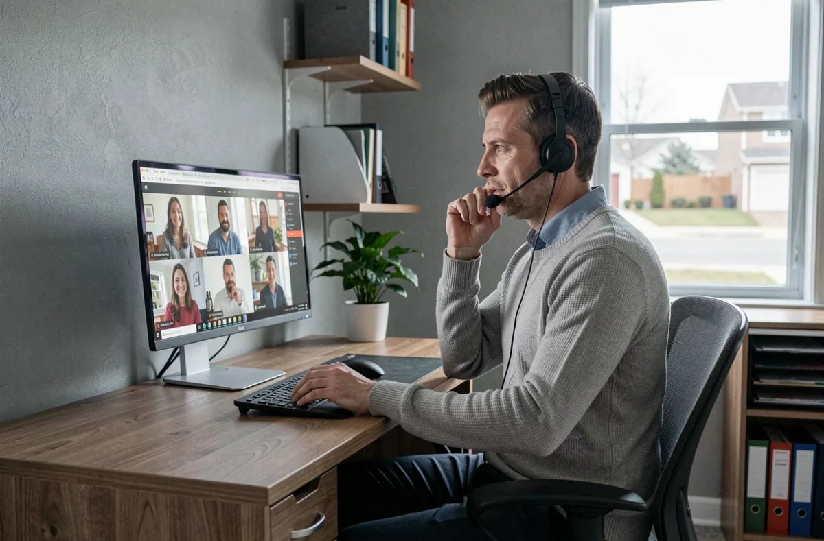 Autónomo gestionando servicios administrativos externalizados desde su oficina en casa mediante videoconferencia