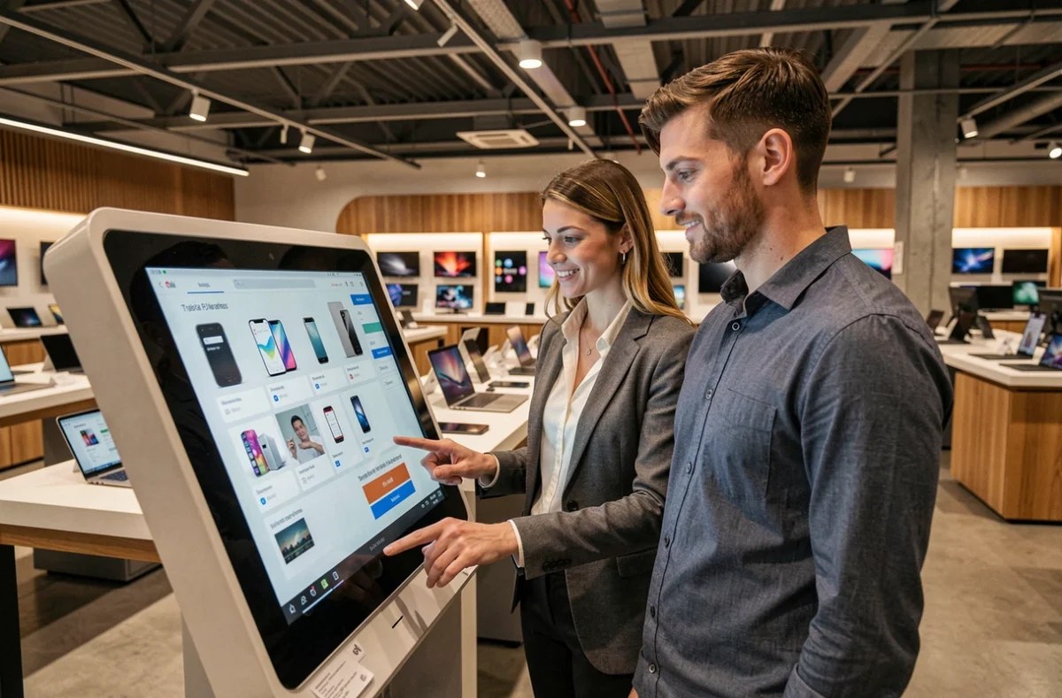 Dos clientes jóvenes utilizando un quiosco de autopago táctil en una tienda de electrónica moderna como ejemplo de innovación en el comercio minorista