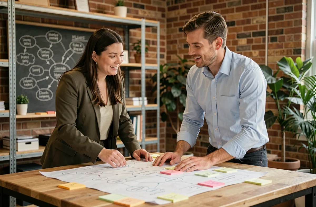 Dos profesionales colaborando en una estrategia de crecimiento empresarial con mapas y notas en espacio coworking