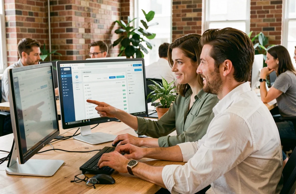 Dos compañeros de trabajo colaborando en una plataforma de gestión documental en la nube desde un espacio de trabajo moderno, reflejando las ventajas de la digitalización empresarial