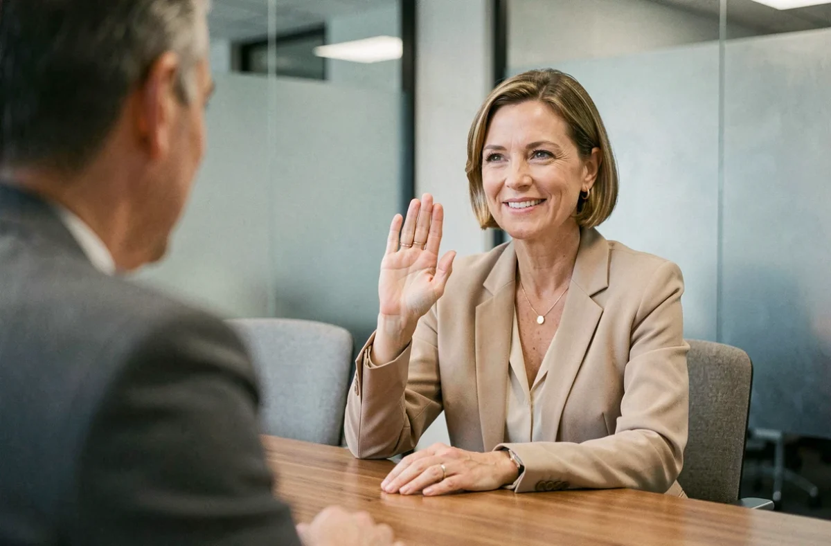 Mujer en una reunión de trabajo manteniendo una conversación tranquila y asertiva con un compañero, gesticulando con amabilidad para establecer un límite