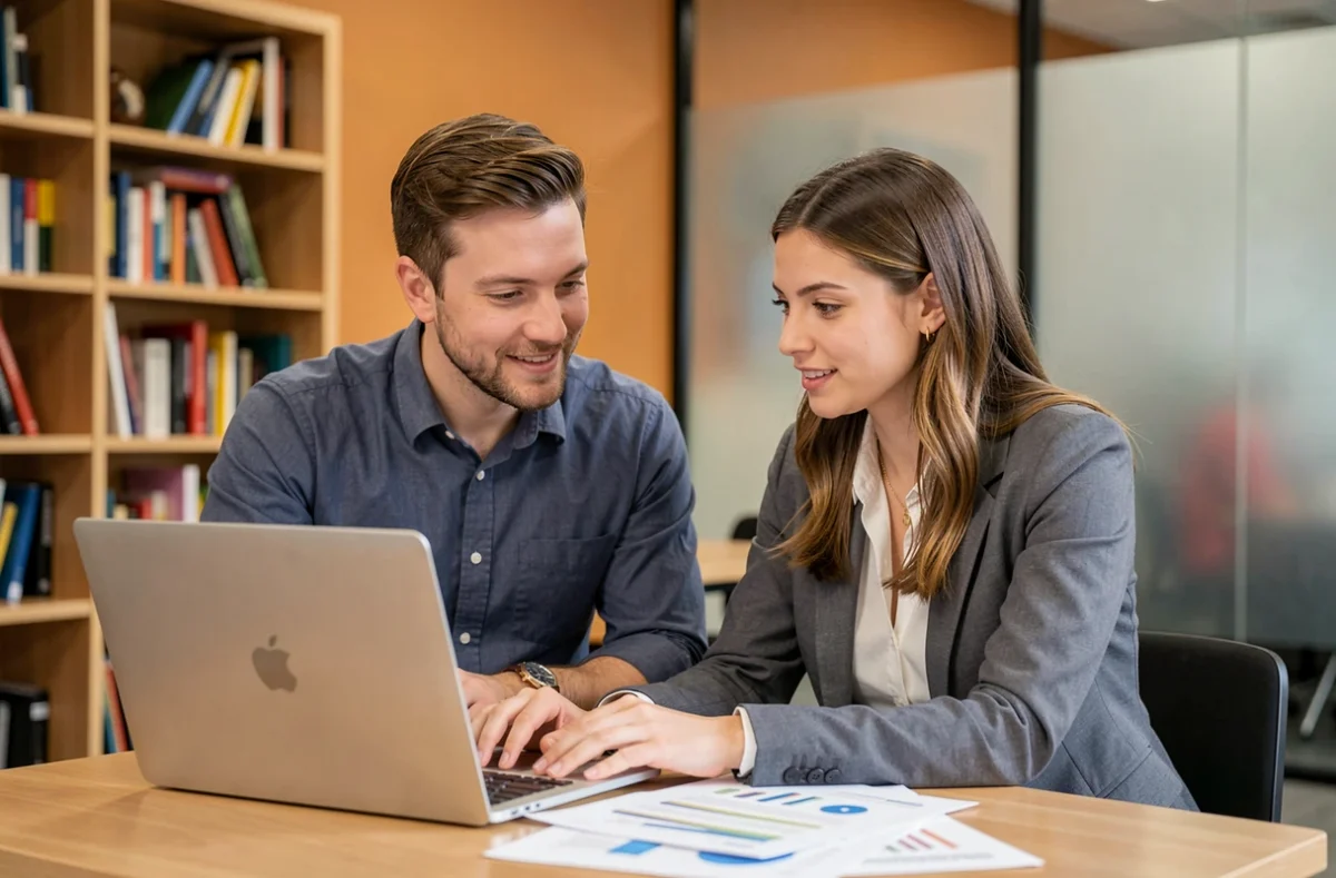 Dos compañeros colaborando en un curso de formación continua con materiales de aprendizaje en un espacio de coworking