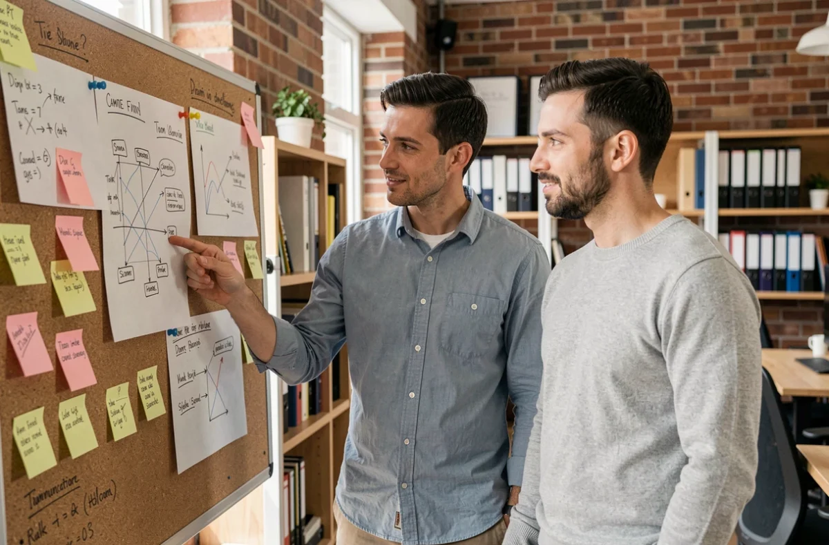 Dos compañeros de trabajo analizando un panel de notas y diagramas para mejorar la comunicación interna en su empresa