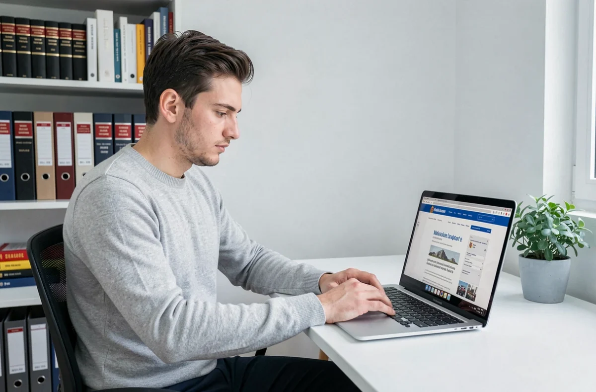 Hombre joven consultando órdenes ministeriales en el BOE desde un ordenador portátil en casa