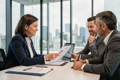 Consultora de recursos humanos especializada reunida con ejecutivos de empresa revisando documentos en una oficina corporativa moderna
