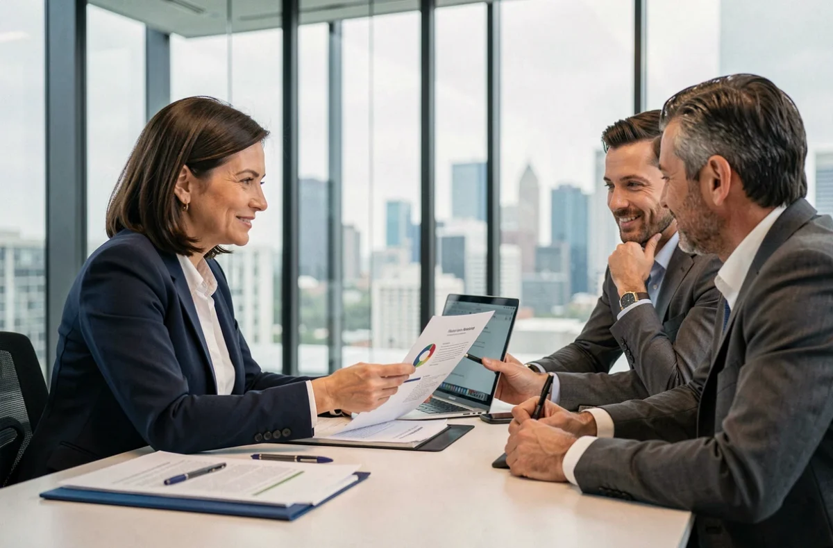 Consultora de recursos humanos especializada reunida con ejecutivos de empresa revisando documentos en una oficina corporativa moderna