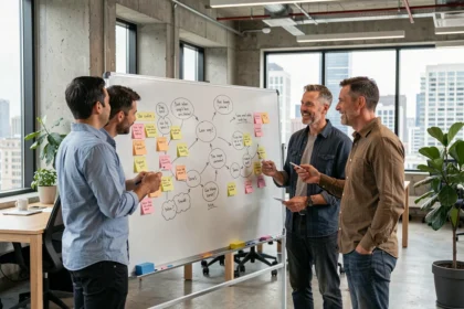 Equipo de profesionales haciendo una sesión de brainstorming en una oficina moderna con pizarra llena de notas y diagramas para fomentar una cultura de innovación empresarial