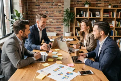 Equipo de profesionales diversos colaborando alrededor de una mesa de conferencias en una oficina moderna, representando la cultura organizacional sólida