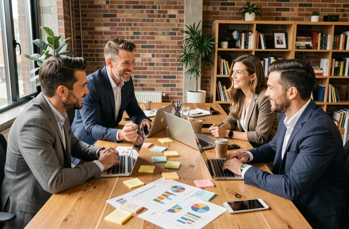 Equipo de profesionales diversos colaborando alrededor de una mesa de conferencias en una oficina moderna, representando la cultura organizacional sólida