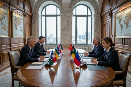 Líderes mundiales reunidos en una cumbre diplomática formal alrededor de una mesa oval con banderas nacionales, debatiendo sobre el poder global