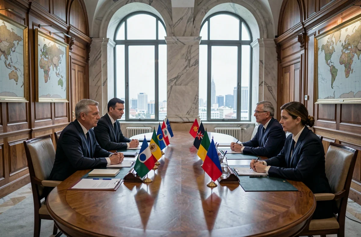 Líderes mundiales reunidos en una cumbre diplomática formal alrededor de una mesa oval con banderas nacionales, debatiendo sobre el poder global