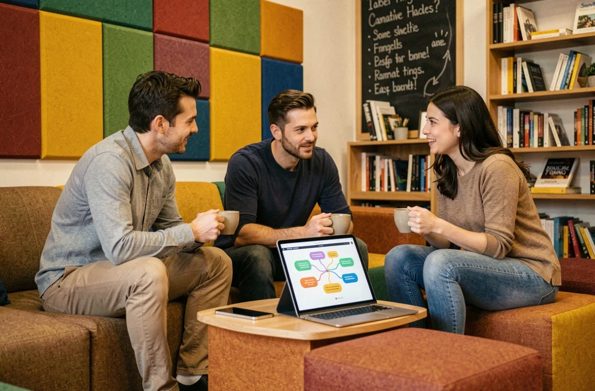 Tres compañeros de trabajo debatiendo ideas innovadoras de forma informal en un espacio de coworking creativo con tableta y café
