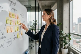 Mujer profesional señalando un tablero con diagramas que explican la diferencia entre objetivo y público objetivo en una oficina moderna