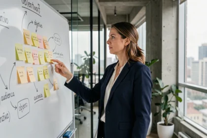 Mujer profesional señalando un tablero con diagramas que explican la diferencia entre objetivo y público objetivo en una oficina moderna