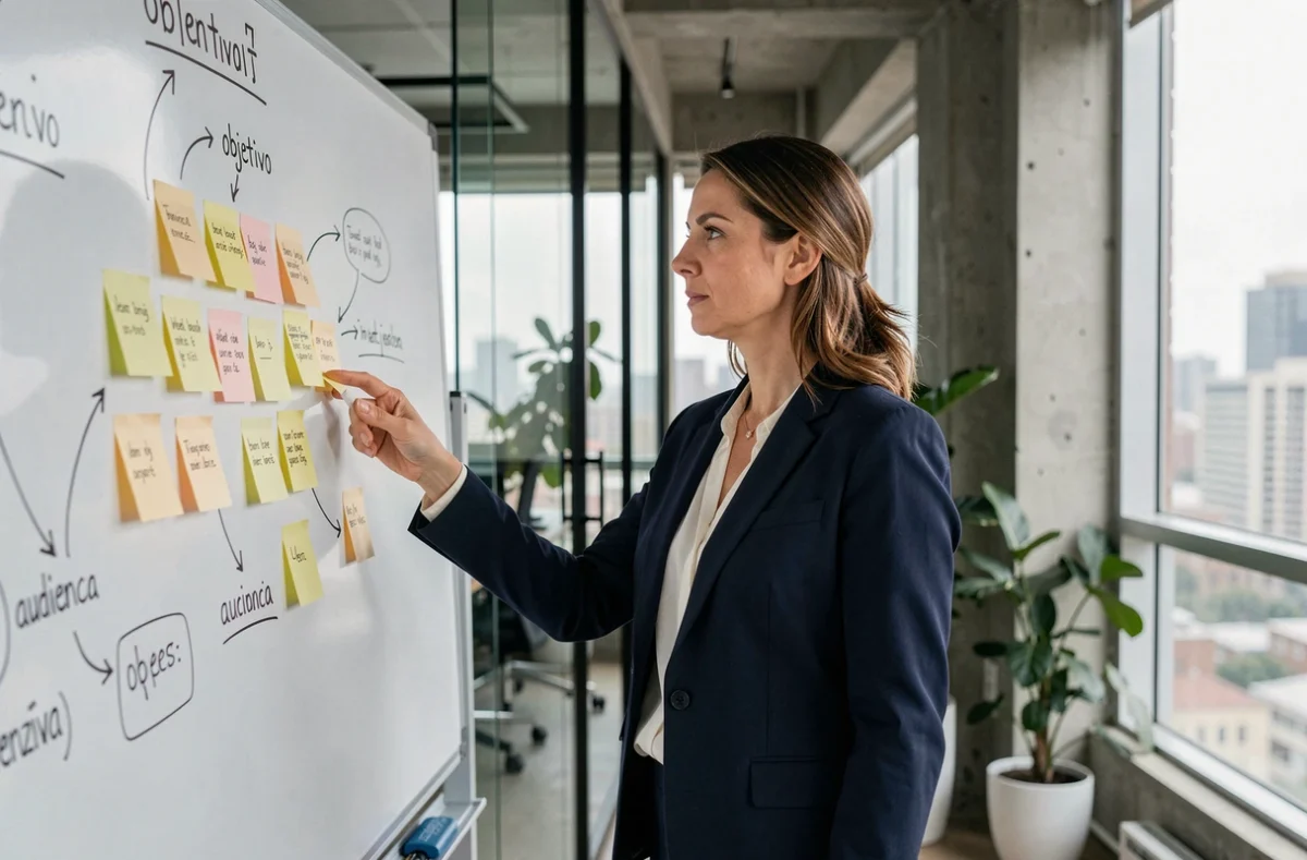 Mujer profesional señalando un tablero con diagramas que explican la diferencia entre objetivo y público objetivo en una oficina moderna